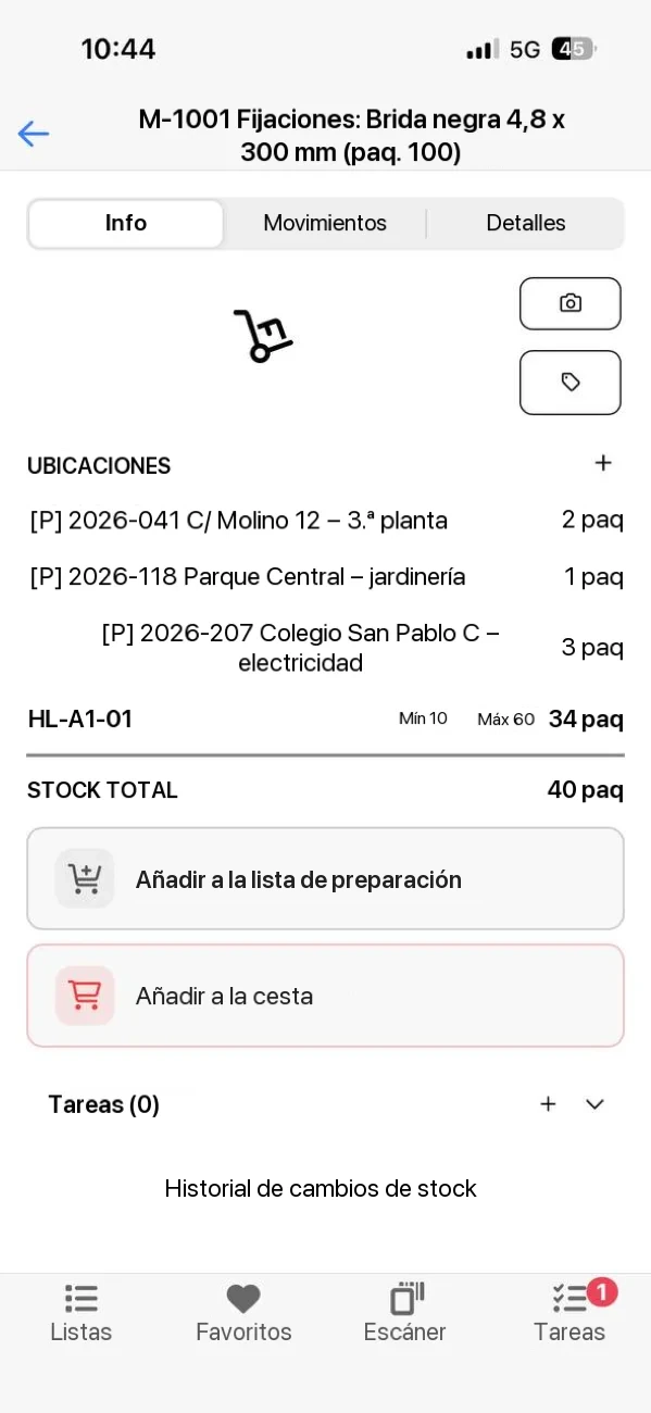La ficha de material en la app Almacén OS con stock por ubicación, mínimo y máximo