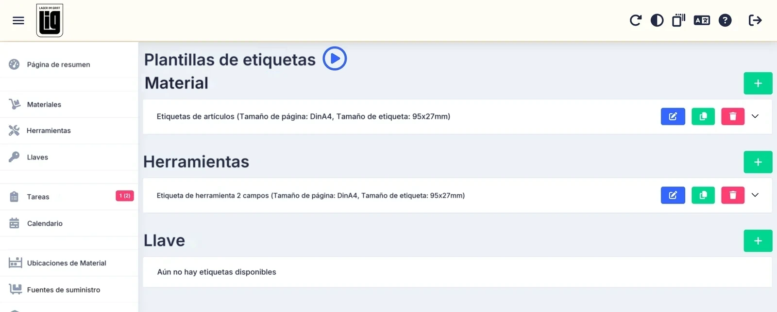 La página Plantillas de etiquetas de la aplicación web con plantillas para material, herramientas y llaves
