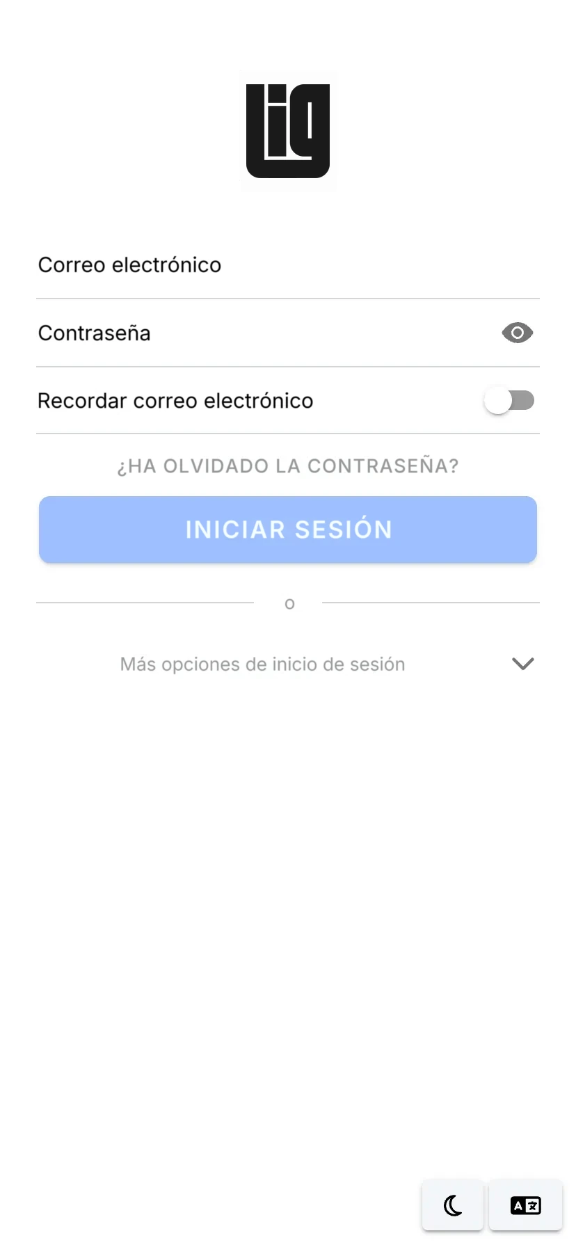 La pantalla de inicio de sesión de la app móvil con correo y contraseña