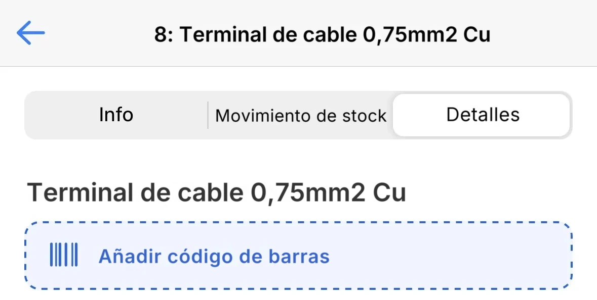 La pestaña Detalles de la app móvil con el botón Añadir código de barras