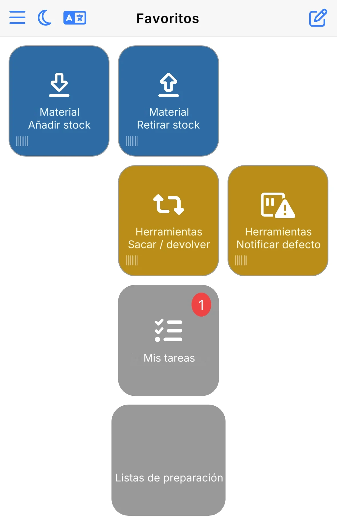 La pestaña Favoritos de la app móvil con el acceso directo Material · Retirar stock