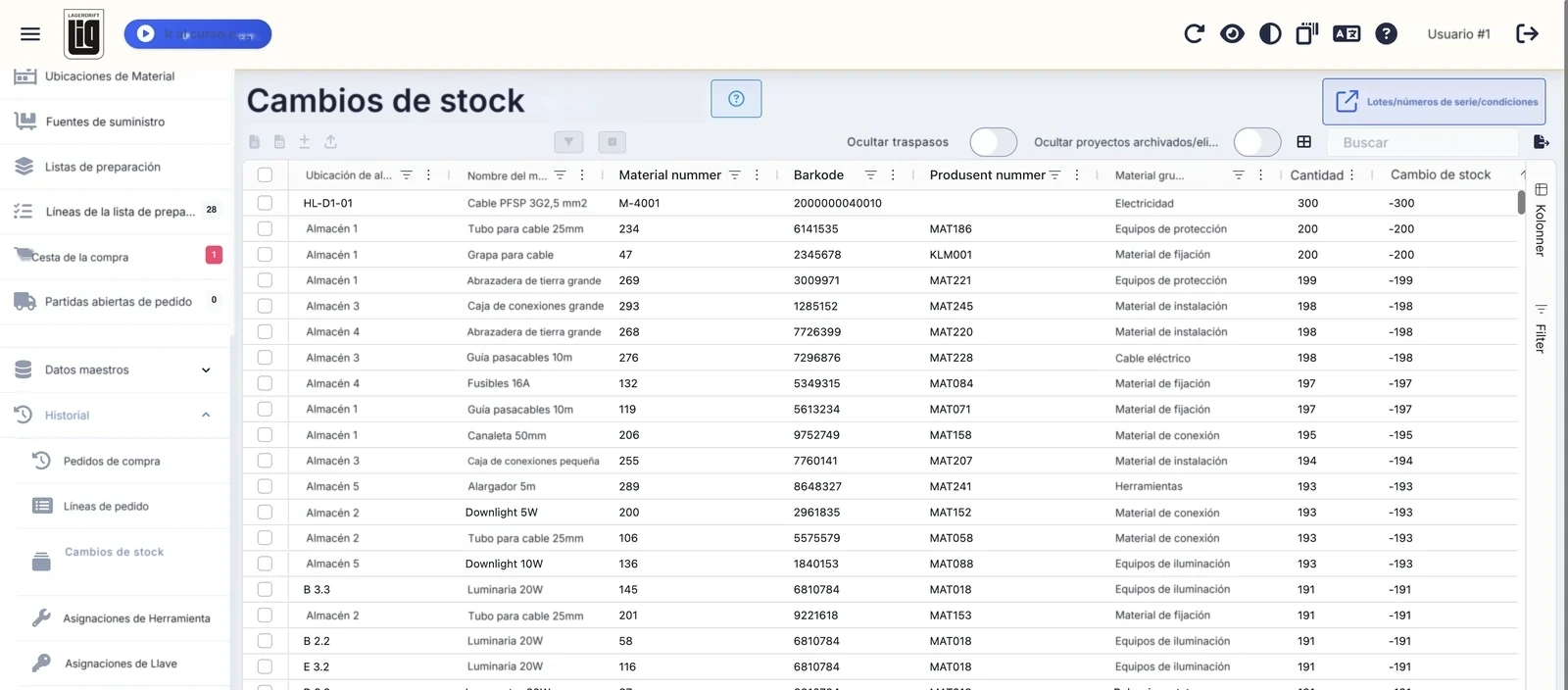 Los cambios de stock en la aplicación web con ubicación, nombre del material, cantidad y cambio de stock por fila