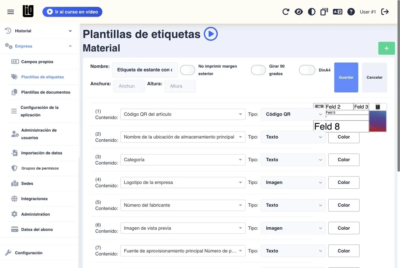 El editor de la plantilla de etiqueta con la lista de campos, donde el campo 1 tiene Contenido Código QR del artículo y Tipo Código QR