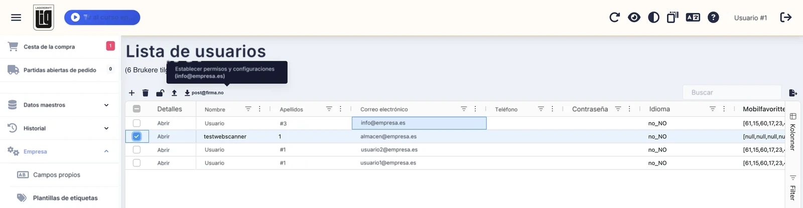 La barra de acciones donde el botón Establecer permisos y configuraciones muestra el correo del usuario de origen