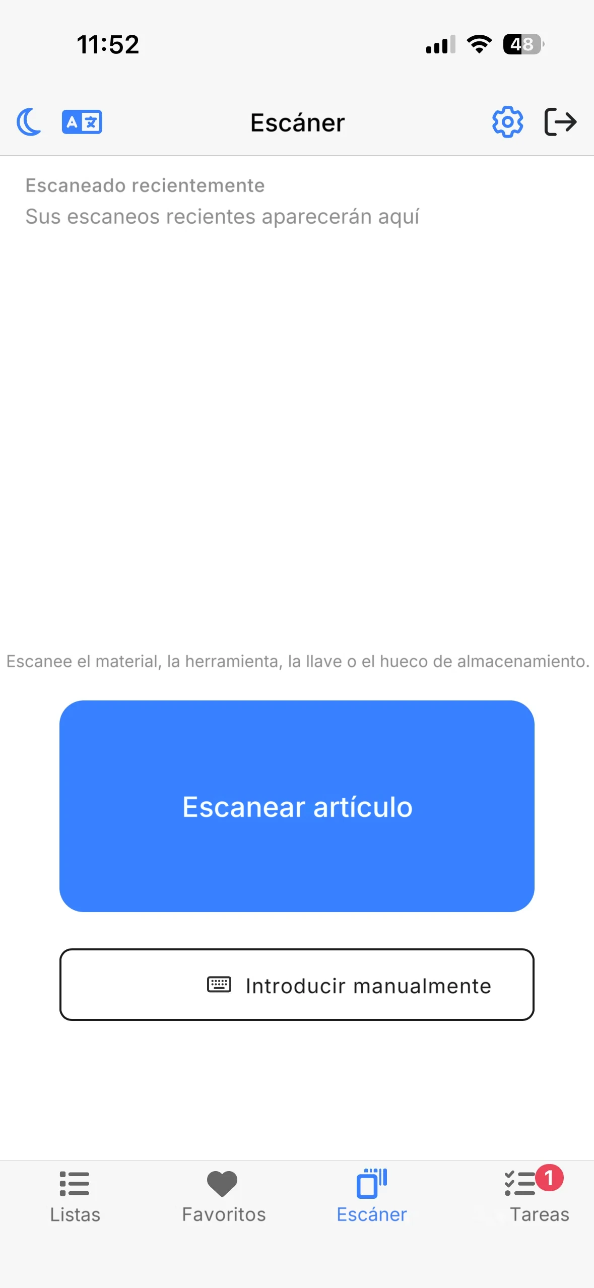 La pestaña Escáner de la app móvil con el texto Escanear material, herramienta, llave o hueco de almacenamiento y el botón Escanear artículo