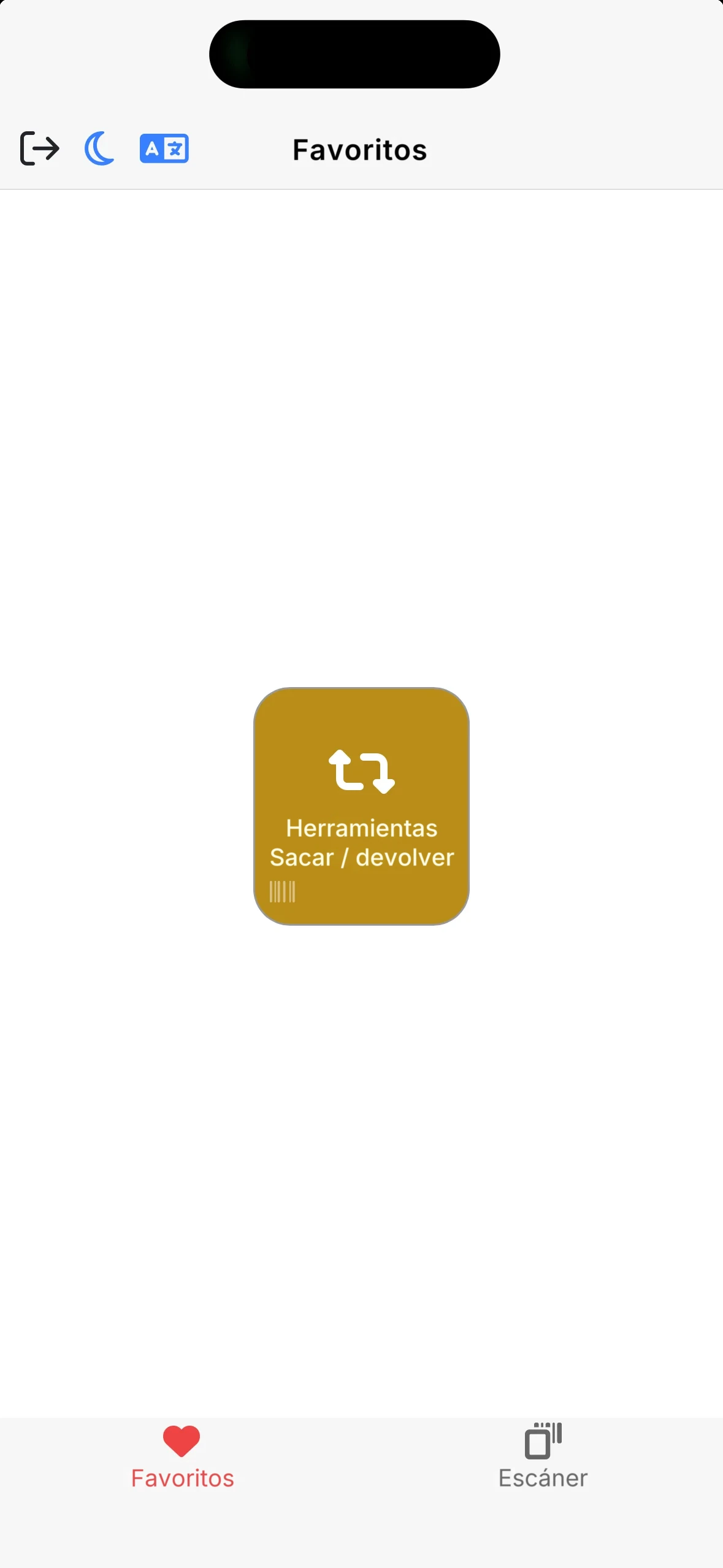 La pantalla de inicio de la app móvil con solo el botón Sacar / devolver