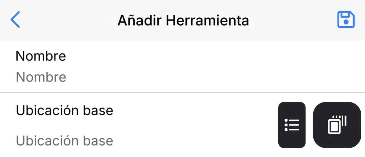 El formulario Crear Herramienta con Nombre y Ubicación base