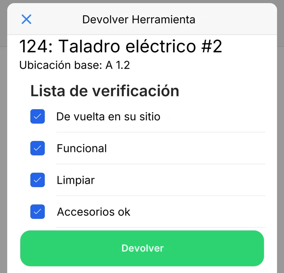 La lista de verificación que puede aparecer al devolver