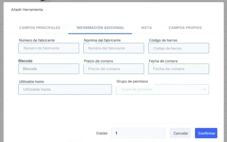 El campo Código de barras en Información adicional de la aplicación web