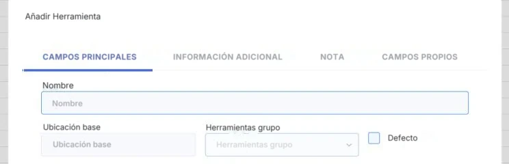 El diálogo Añadir Herramienta, pestaña Campos principales