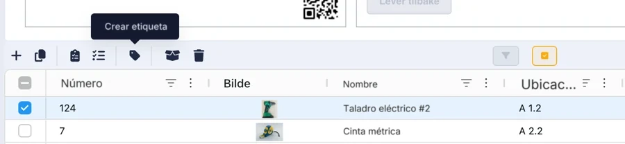 La lista de herramientas con una herramienta marcada y el icono de etiqueta