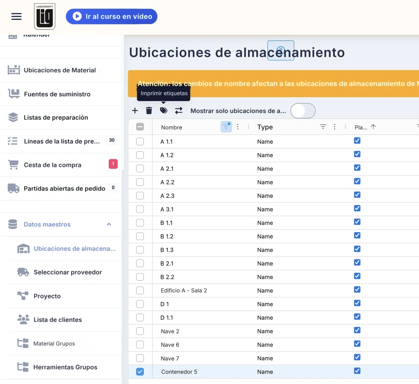 Ubicaciones de almacenamiento con Imprimir etiquetas
