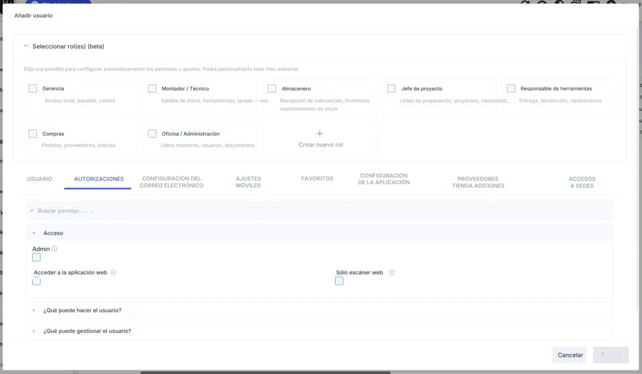 La pestaña de autorizaciones y acceso
